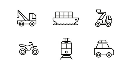 Fototapeta premium Linear icons of transportation: truck, boat, crane, motorcycle, train, car