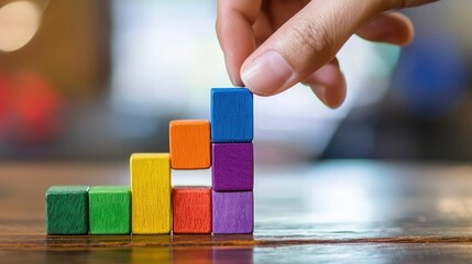 A hand is placing a colorful wooden block on a stack of blocks, creating a geometric pattern.
