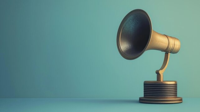 A vintage gramophone speaker against a blue background. The object concept of audio equipment is highlighted. The image emphasizes the historical and nostalgic nature of the device.