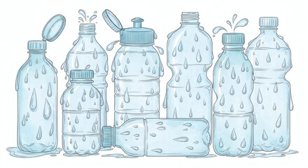 Plastic water bottles glistening with droplets. Great for environmental concepts, hydration campaigns, and recycling materials illustrations.