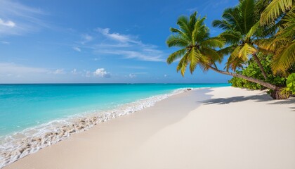 Obraz premium A breathtaking view of a tropical beach features turquoise water meeting the white sand. Palm trees offer shade along the shoreline on a clear sunny day, creating a tranquil and inviting paradise.