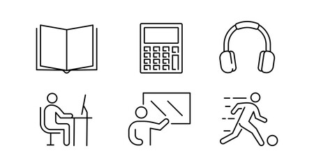 Educational and office icons: book, calculator, headphones, desk, board, sports