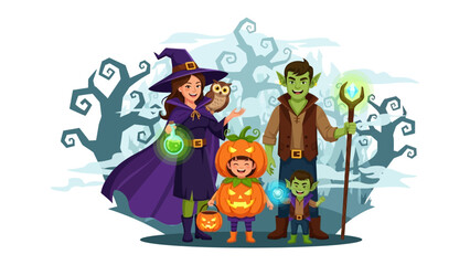 Halloween Family Gathering: A whimsical illustration of a family embraces the festive spirit, with each member adorned in delightful Halloween costumes.