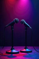 Obraz premium Two microphones stand close together on a stage, symbolizing collaboration and partnership in public speaking or a podcast Ready for a dynamic presentation or engaging dialogue , setup, event