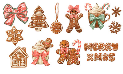 Collection of hand-drawn Christmas gingerbread cookies. Festive food illustration set with gingerbread man, house, tree, and hot chocolate, isolated on white background