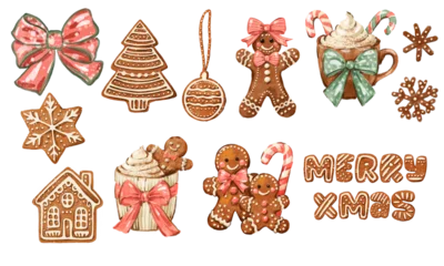 Collection of hand-drawn Christmas gingerbread cookies. Festive food illustration set with gingerbread man, house, tree, and hot chocolate, isolated on white background © ola-la