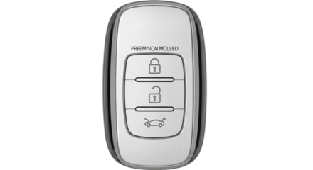 A modern car key featuring a sleek, minimalist design. This remote key has a metallic, streamlined look, with multiple buttons for car control and security features
