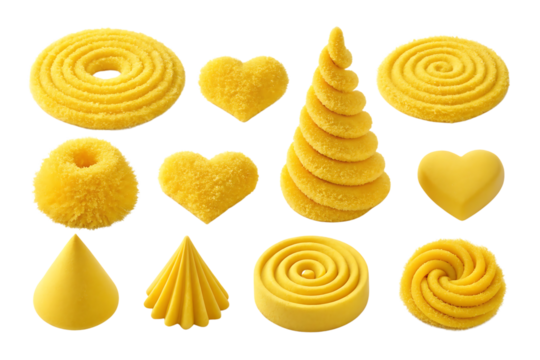 Collection of yellow shaped dessert objects on black - Powered by Adobe