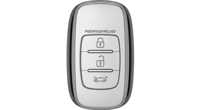 A modern car key featuring a sleek, minimalist design. This remote key has a metallic, streamlined look, with multiple buttons for car control and security features