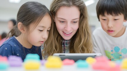 A woman is helping two children with a tablet