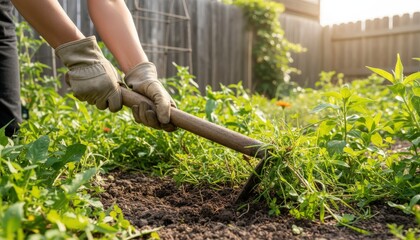 Medium shot of a female gardener's hands holding a garden hoe and weeding the garden bed in sunshine