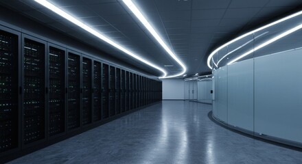A sleek, modern, circular data center room.