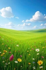 Fototapeta premium Vast prairie grassland stretching to the horizon, wildflowers in bloom, swaying grasses under a bright blue sky A tranquil scene of untouched nature , landscape, flora