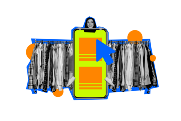 Creative photo collage young cheerful girl smartphone touchscreen estore online shopping clothes interface cursor drawing background