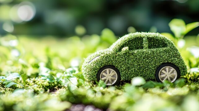 A miniature green car covered in grass, sitting on a lush green lawn with a blurred background.