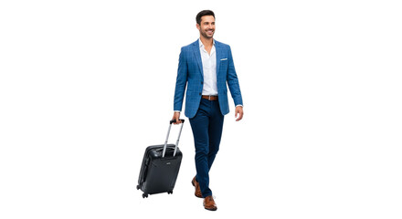 Confident businessman in a blue suit walking with a black rolling suitcase, suggesting business travel and professional success on a white background