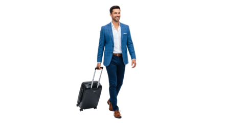 Confident businessman in a blue suit walking with a black rolling suitcase, suggesting business travel and professional success on a white background