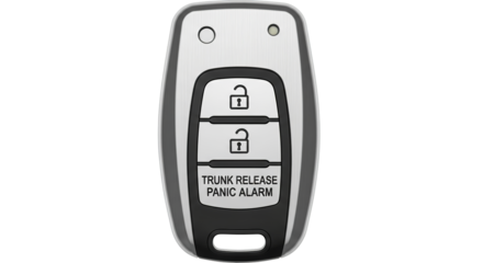 Modern vehicle remote control key fob with various functions including locking, unlocking, trunk release, and panic alarm for enhanced security and convenience