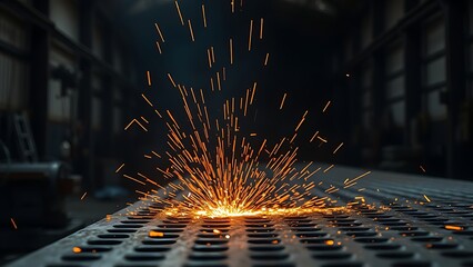 Dramatic industrial scene with fiery orange sparks rising against a dark workshop backdrop, intense lighting from above.