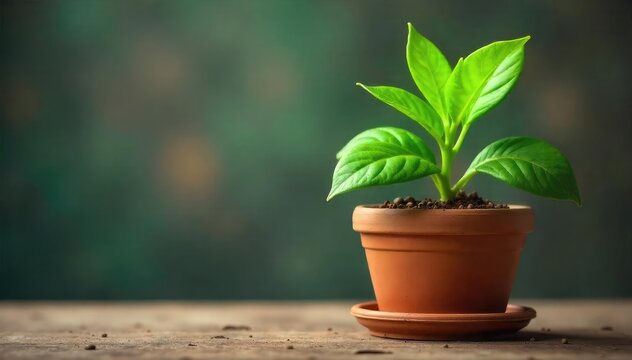 Fototapeta Vibrant green leaves sprout from a rustic terracotta flower pot, creating a lush and healthy indoor plant scene  Perfect for home decor, gardening, and spring themes ,  houseplant,  blossom