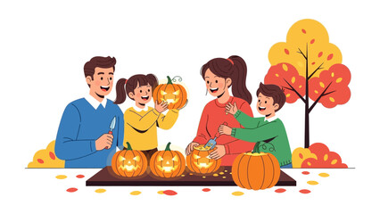 Family pumpkin carving: A warm illustration of a happy family engaged in the festive tradition of carving pumpkins, showcasing the joy and togetherness of autumn celebrations. 