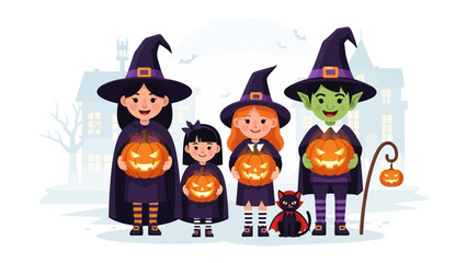 Halloween's Spooky Ensemble: A charming Halloween illustration of children dressed in whimsical witch costumes, playfully holding carved jack-o'-lanterns, embodies the spirit of Halloween.