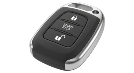 Close-up view of a modern car key featuring lock, unlock, and start functions. Isolated on a white background, perfect for automotive and security-related concepts