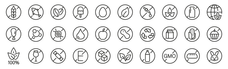 Fototapeta na wymiar Allergen free outline icon set. Gluten, fish, nuts, lactose, GMO free line icons. Vector icons