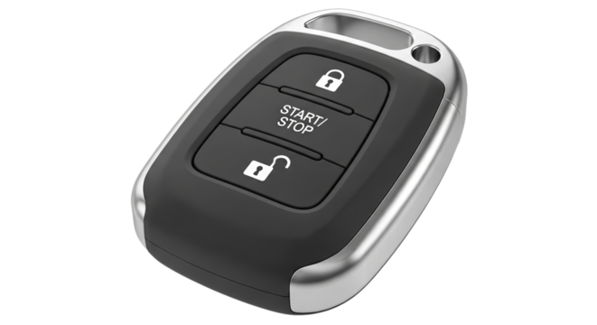 Close-up view of a modern car key featuring lock, unlock, and start functions. Isolated on a white background, perfect for automotive and security-related concepts