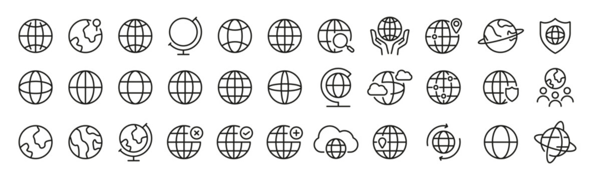 Globe, world outline icon set. Planet, earth, global, internet, geography line icons. Vector icons.