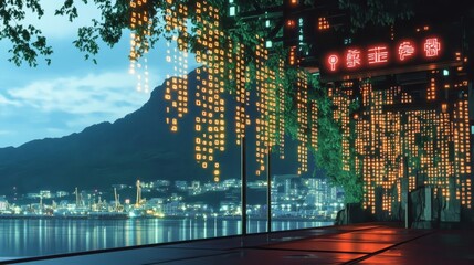 Futuristic Cityscape with Artificial Illumination and Binary Code Overlay near Lush Green Trees