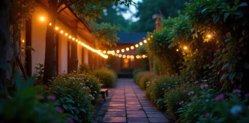 Obraz premium Warm, inviting glow of outdoor string lights illuminating a lush garden at night Perfect for summer evenings and creating a cozy ambiance , trees, outdoor decor, light posts