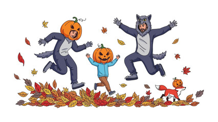 Halloween Festive Fun: Whimsical illustration depicts figures in playful costumes, amidst vibrant autumnal leaves, capturing the essence of childhood Halloween.