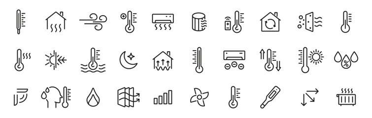 Temperature outline icon set. Thermometer, heat, cold, climate, weather line icons. Vector icons