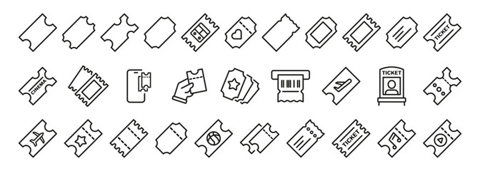 Obraz na płótnie Canvas Tickets outline icon set. Cinema, concert, flight, event, sports line icons. Vector icons