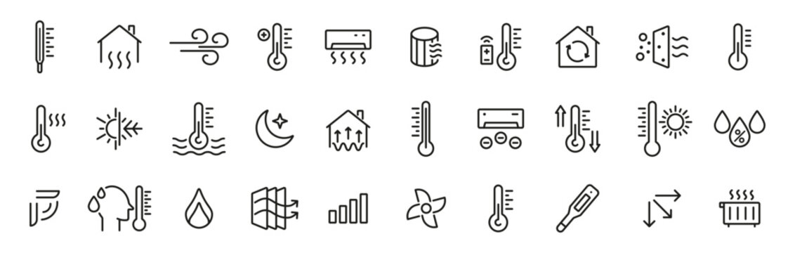 Temperature outline icon set. Thermometer, heat, cold, climate, weather line icons. Vector icons
