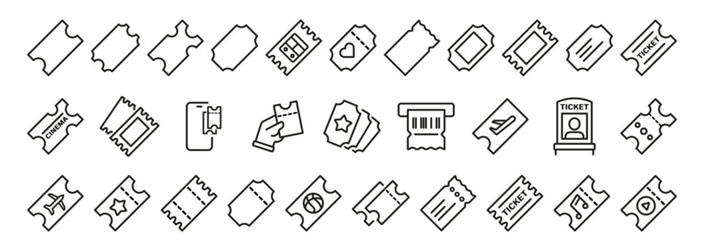 Tickets outline icon set. Cinema, concert, flight, event, sports line icons. Vector icons