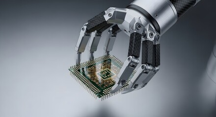 Robotic Hand Holds a Microchip - Technology and Automation Concept