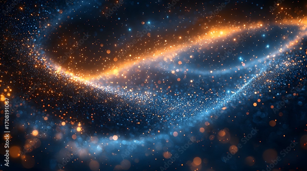 Poster abstract depiction of luminous swirling blue and orange particle trails creating dynamic waves again