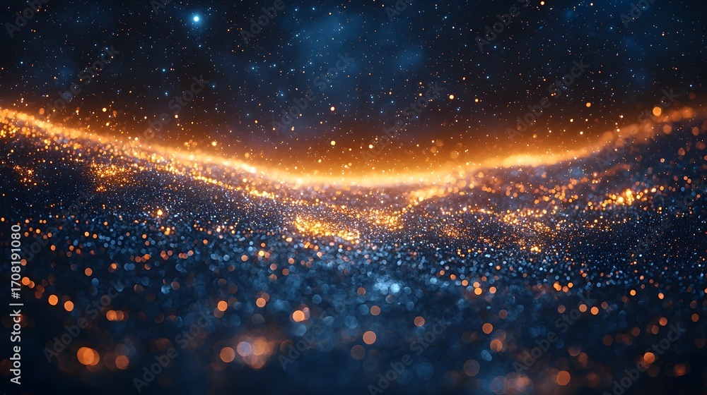 Poster a deep space vista filled with shimmering golden and blue particles stars and nebulae creating an ab