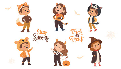 Set of cute kids in halloween costumes. Trick or treat.  Vector illustration in cartoon style.