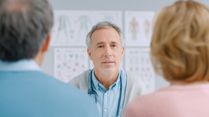 Obraz premium A man is talking to two other people in a room with a poster on the wall