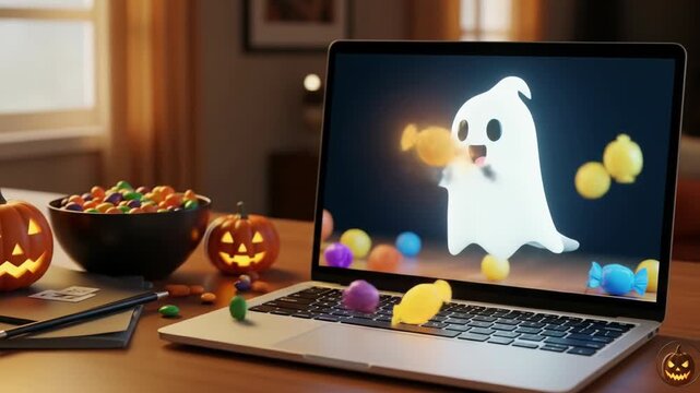 Happy Halloween ghost animation playing on a laptop with festive jack-o'-lanterns and bowl of candy corn on wood table.