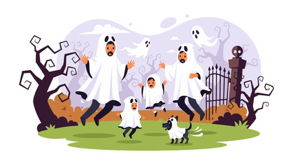 Family Ghostly Halloween Celebration: A lively family, dressed in charming ghost costumes, frolics joyfully amidst a whimsical Halloween scene.