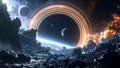 A celestial landscape showcasing a colossal ringed object, planets, nebulas, and rocky terrain beneath a vibrant night sky