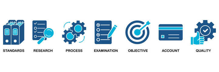 Audit icon set In Blue Monochrome Flat Design vector illustration concept for standards, research, process, examination, objective, account, and quality