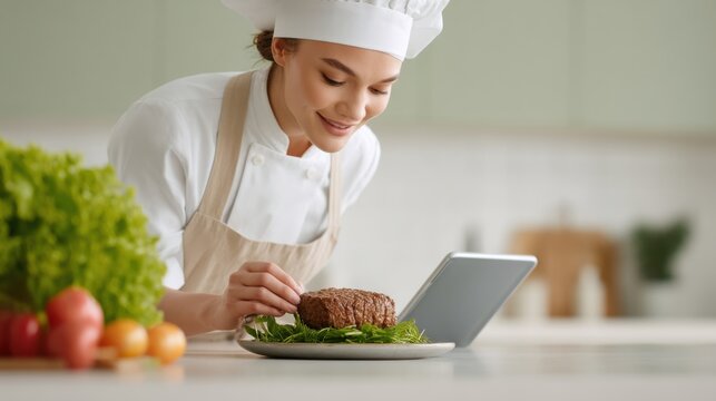 A woman chef is preparing a meal with a tablet in front of her
