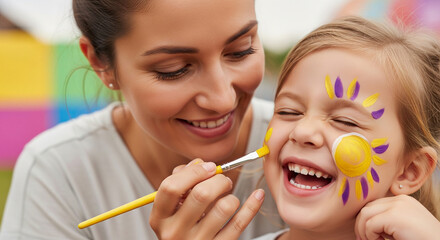Close-up of parent painting colorful designs on child’s face, playful creative family activity and cheerful bonding moment indoors.