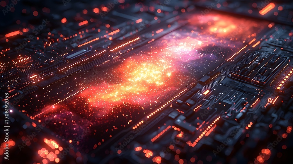 Poster futuristic circuit board with glowing cosmic patterns and vibrant lights representing advanced techn