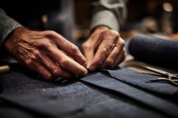 Tailor hand sewing fine fabric with needle and thread in traditional workshop, concept of craftsmanship and bespoke tailoring